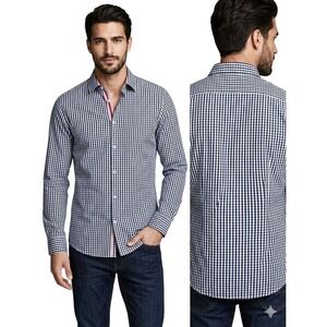 HM Mens Slim Fit Gingham Button Down Shirt Navy Blue Black White Long Sleeve L